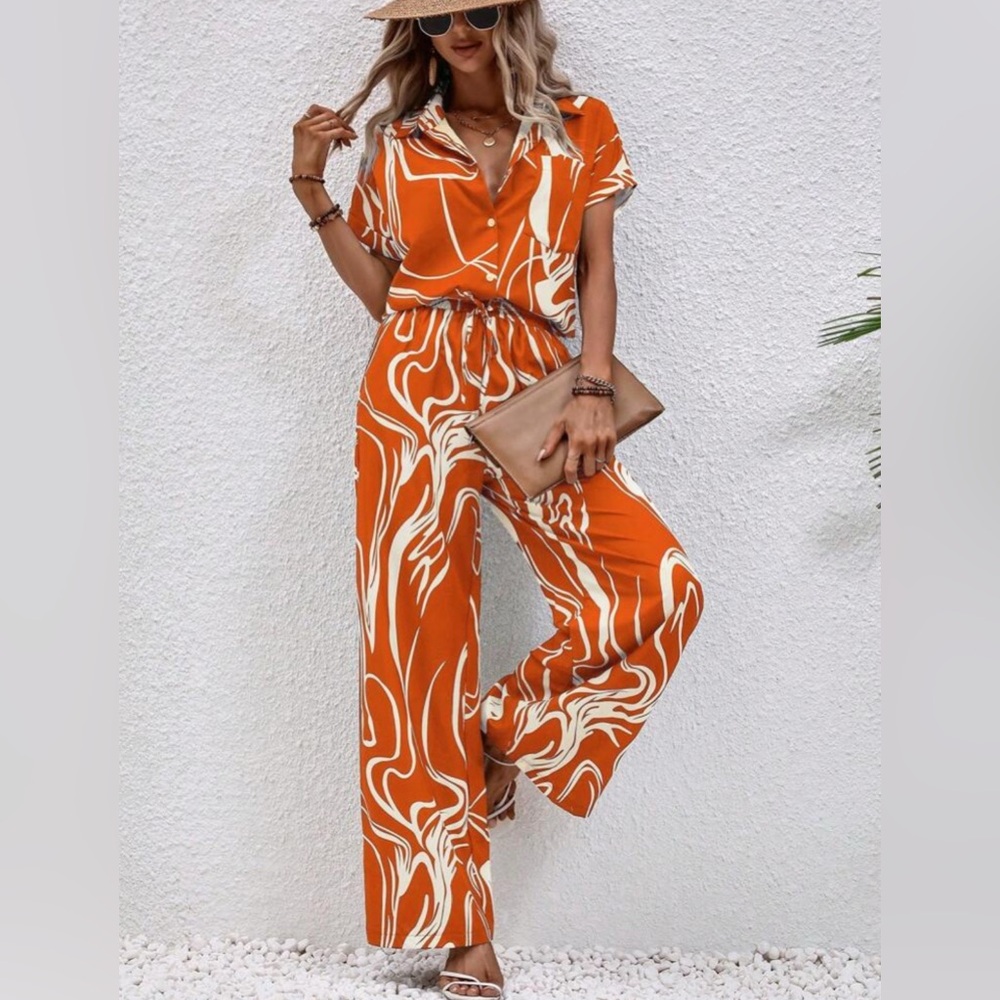 Breezaya Graphic Print Batwing Sleeve Shirt & Wide Leg Pants